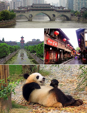 Clockwise from top: Anshun Bridge, Jinli, Chengdu Panda Base, and Sichuan University.